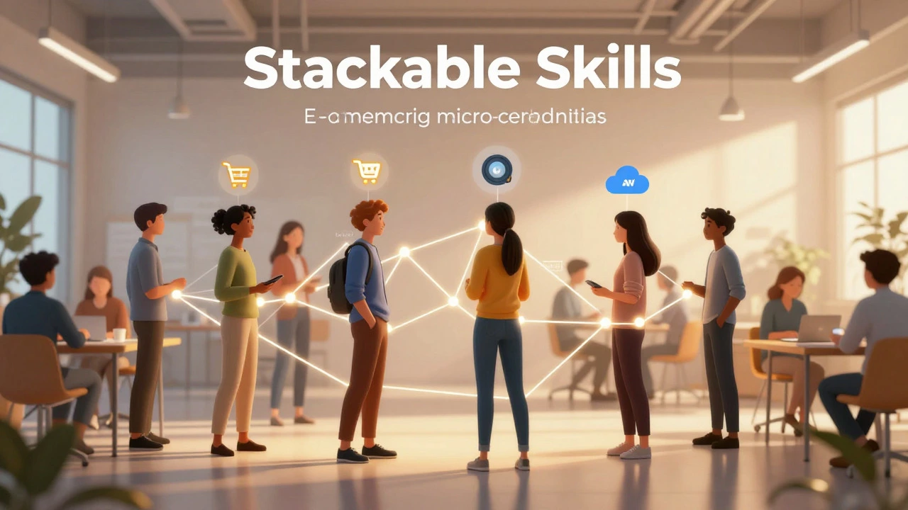Professionals connected by glowing threads representing stackable skills
