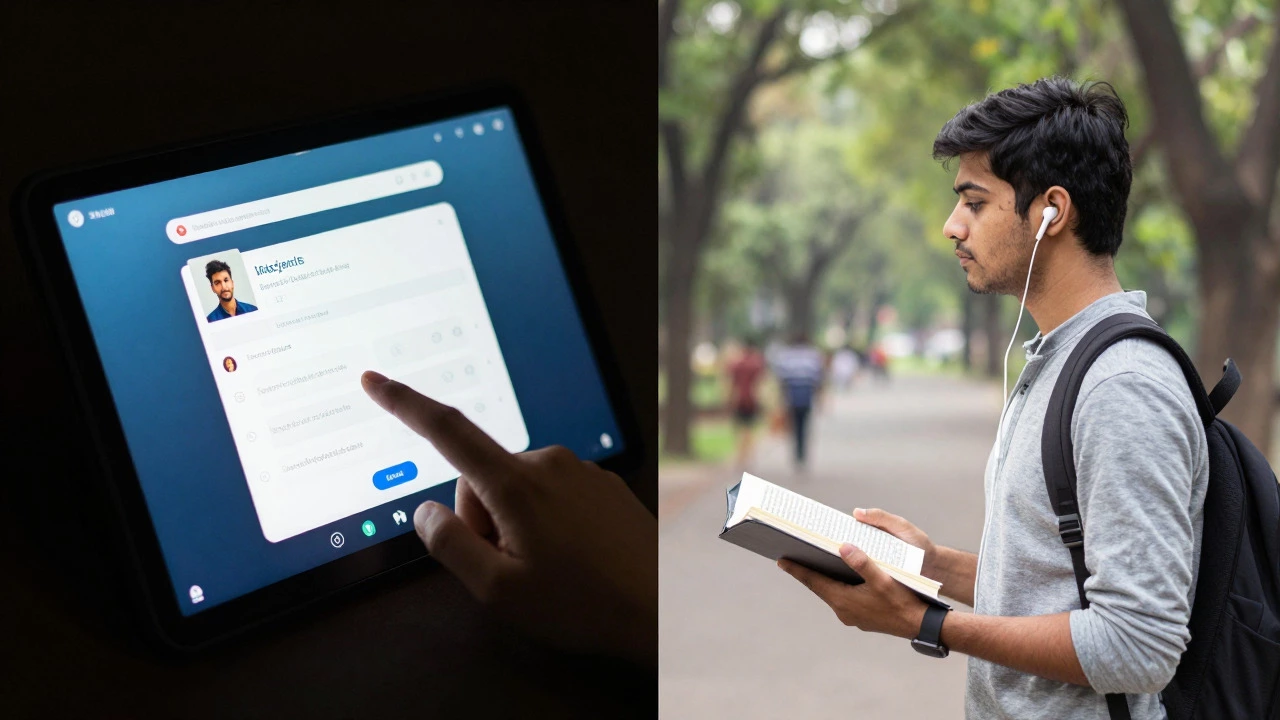 Split view of live virtual class and student listening outdoors