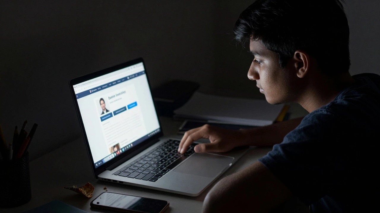 Student focused on laptop screen late at night in a quiet room.