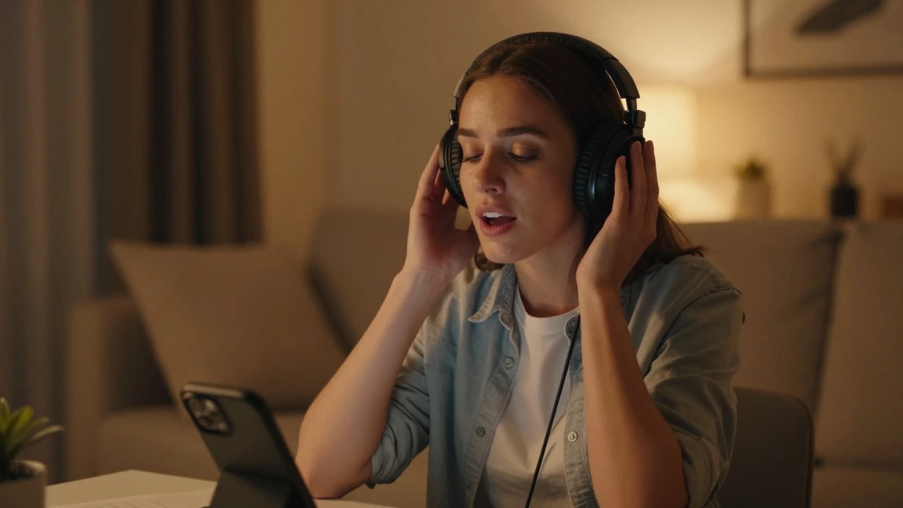 Woman doing shadowing exercise with headphones on