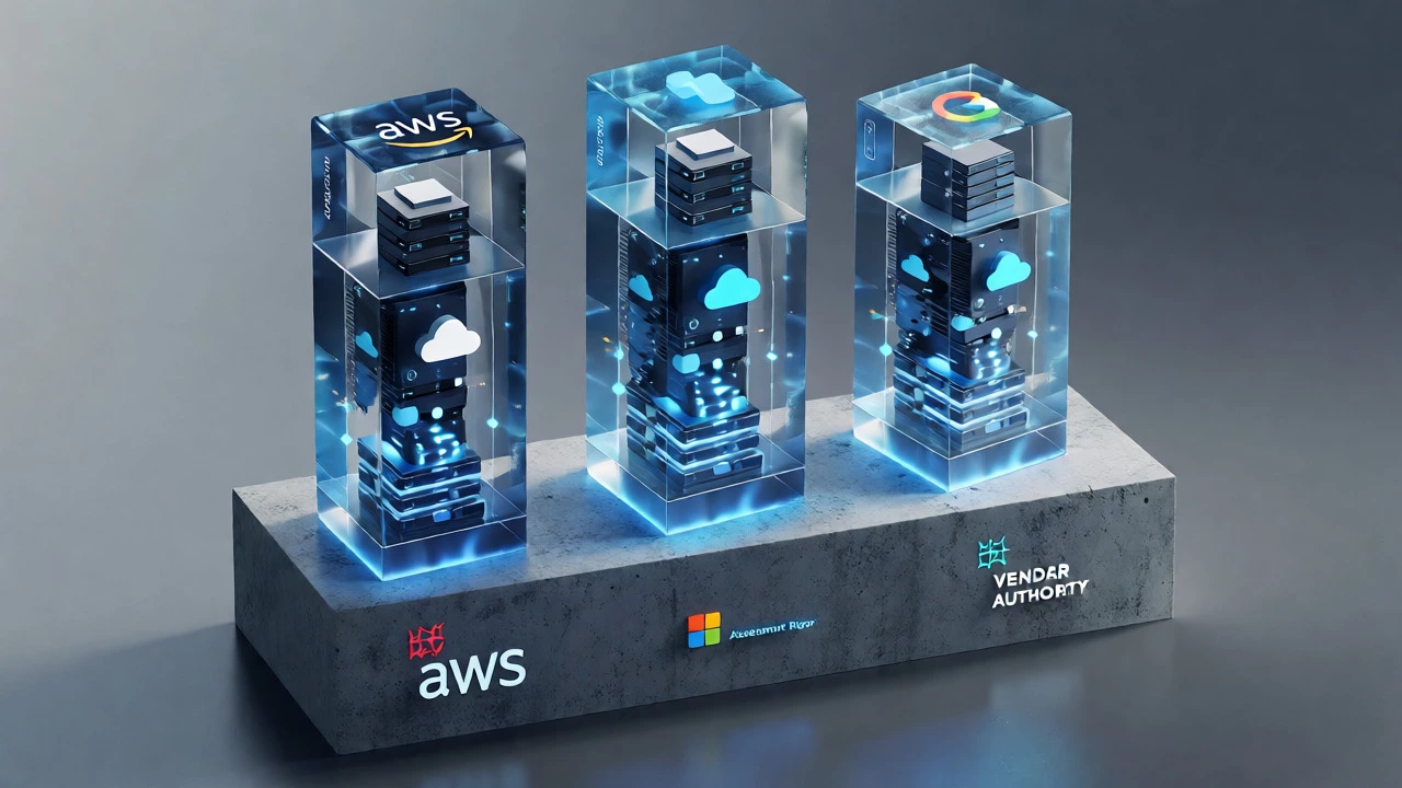 3D isometric render of glass pillars representing AWS, Azure, and Google Cloud certifications.