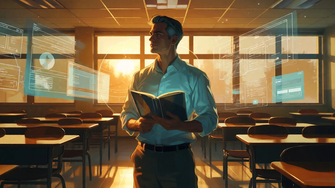 A confident teacher reflecting on their journey in a sunlit classroom.