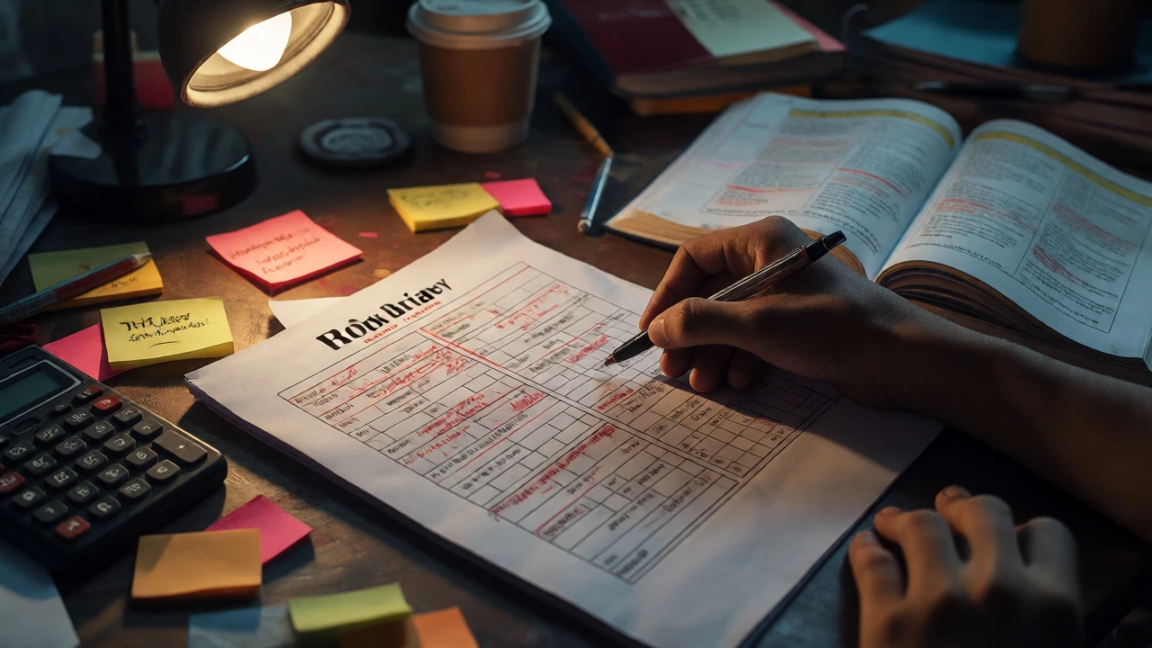 Close-up of hands reviewing a marked NEET mock test paper under lamp light