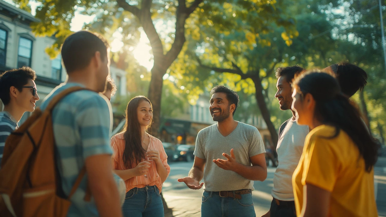 Confident speaker engaging in lively outdoor conversation