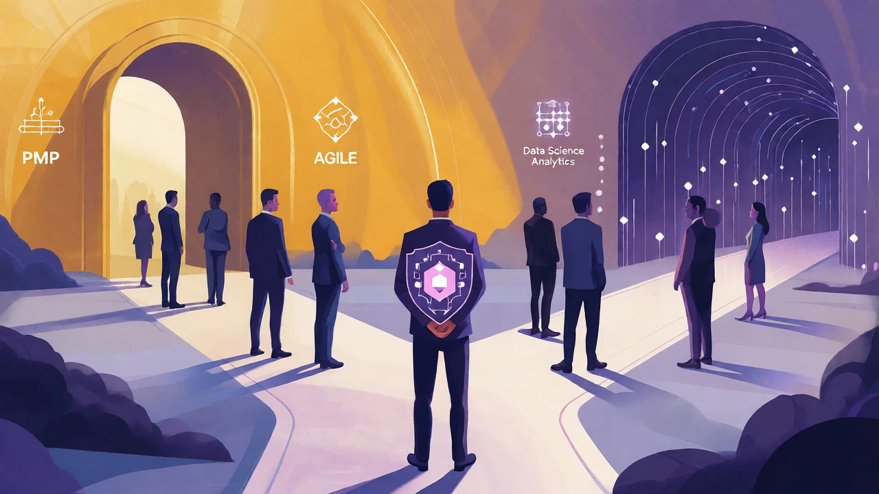 Diverse professionals at a crossroads choosing between project management and data science career paths.