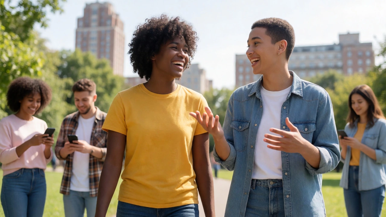 Friends chatting casually outdoors, demonstrating fluent conversational practice.