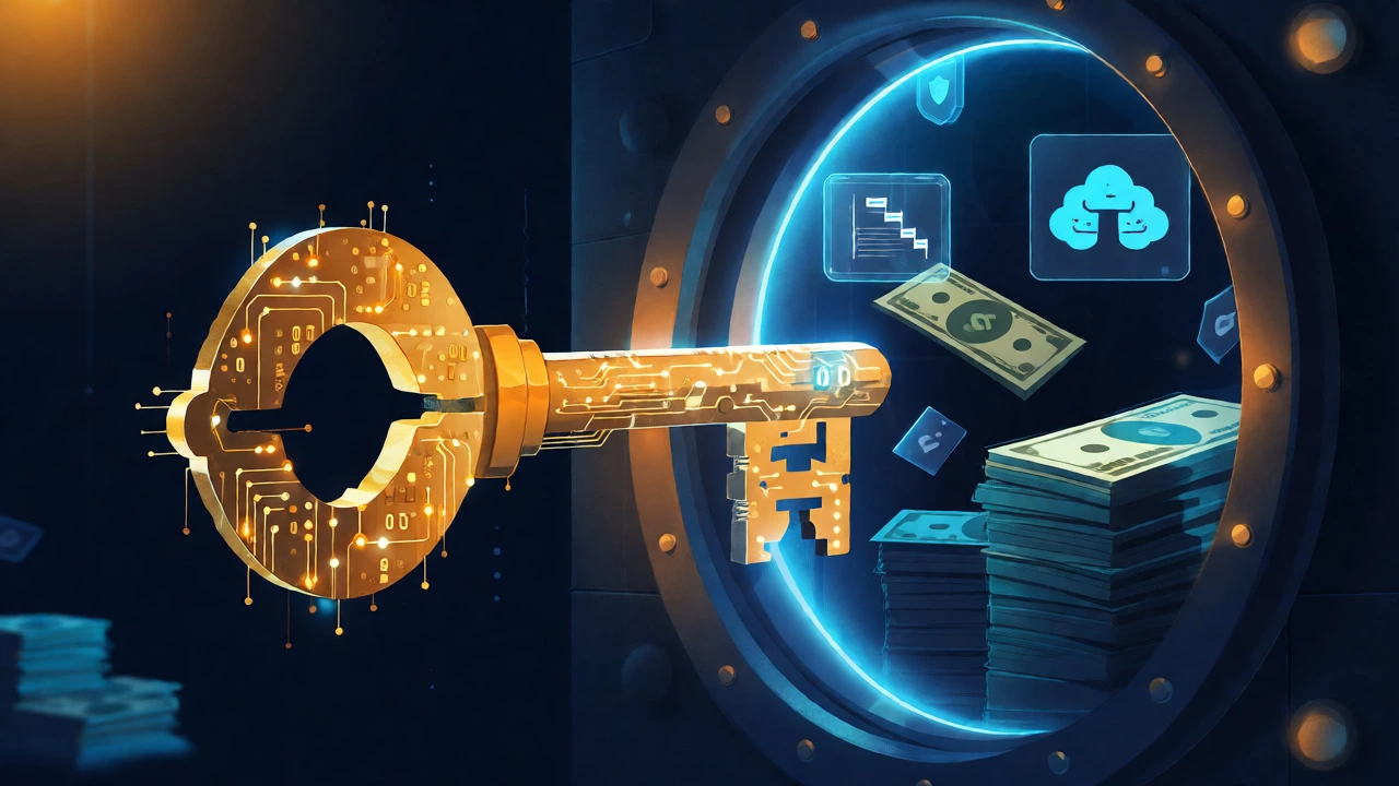 Golden circuit-board key opening a vault containing money and tech icons
