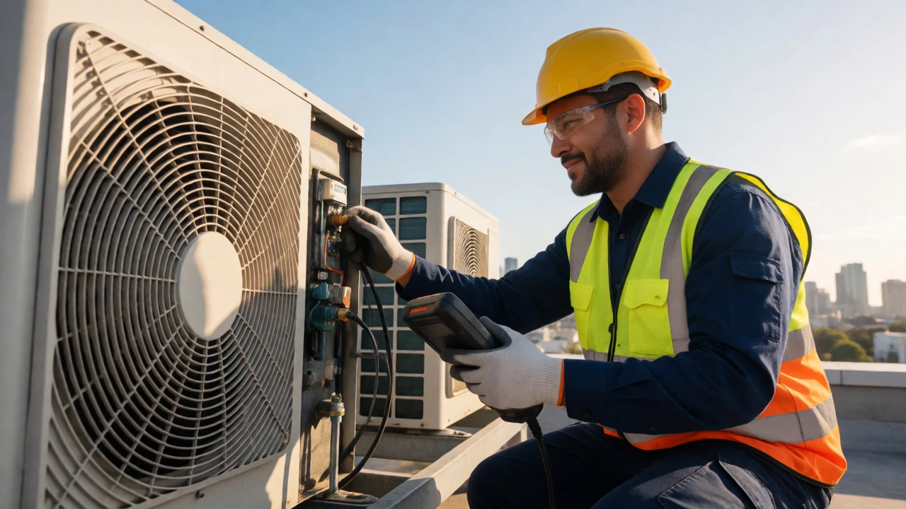 HVAC technician repairing AC unit on sunny rooftop