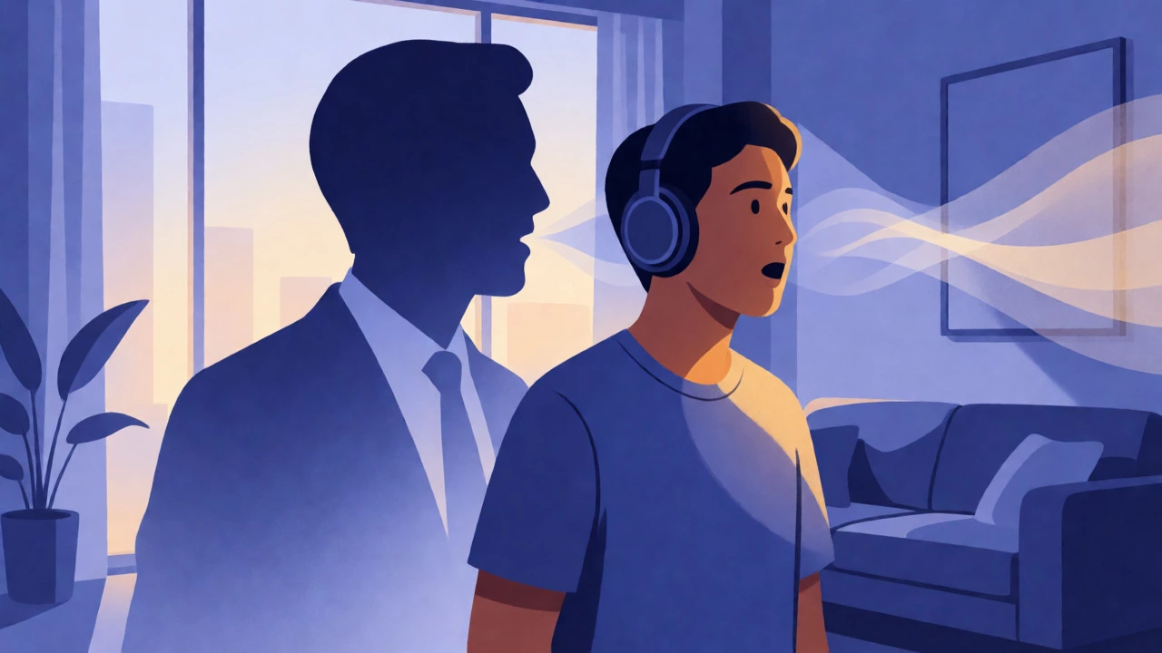 Learner practicing shadowing technique by mimicking a virtual speaker's intonation.
