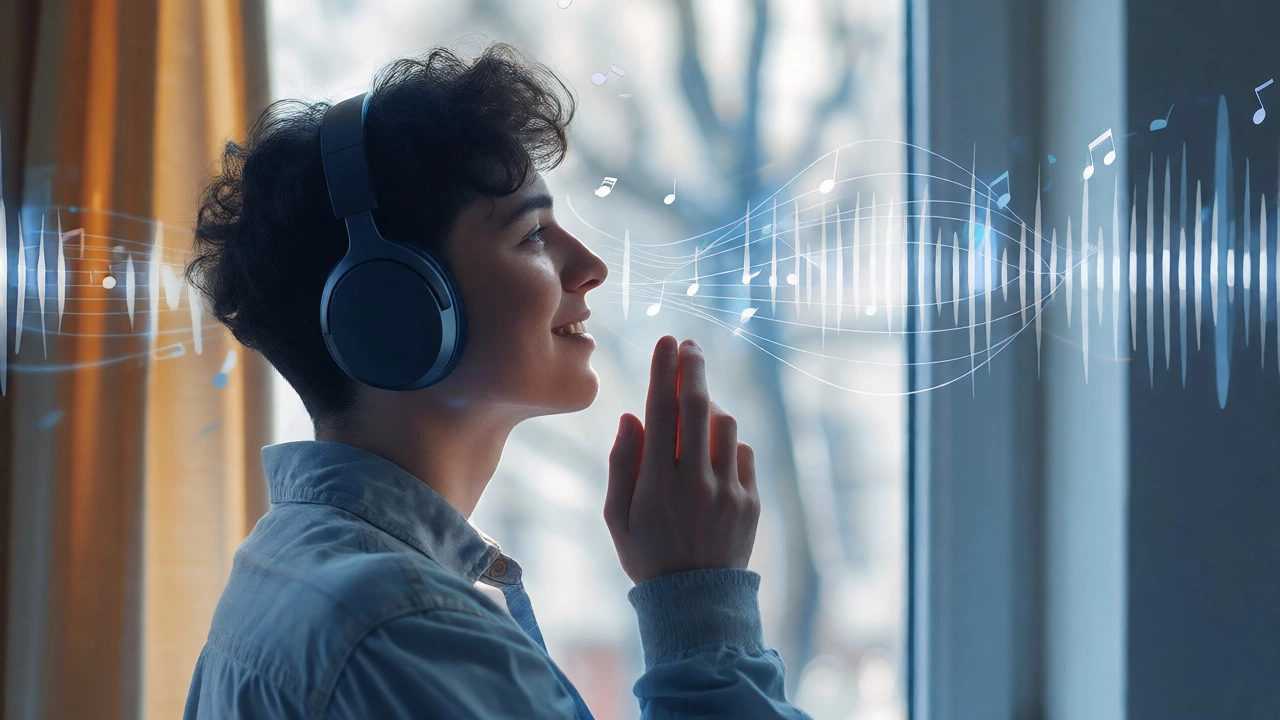 Person practicing English shadowing with headphones