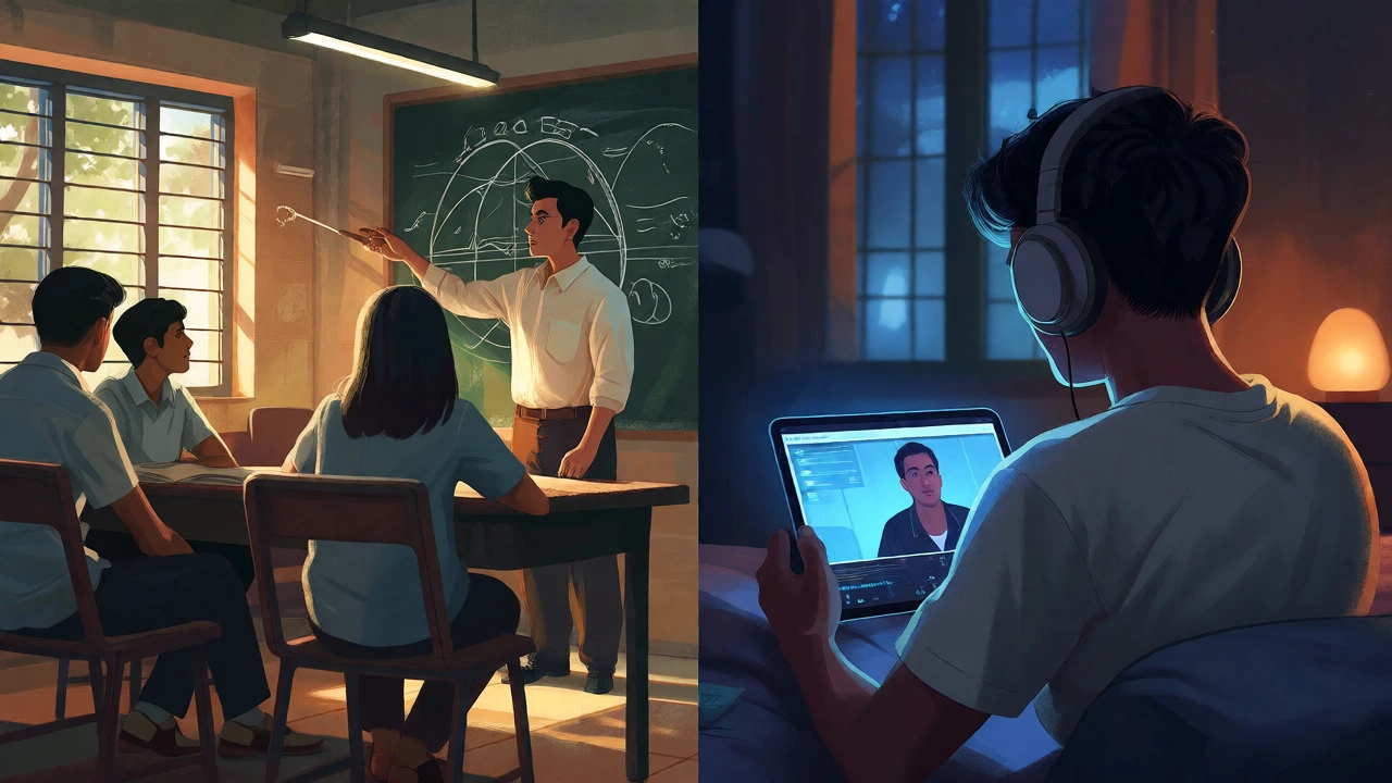Split view showing a student attending local classes and online NEET lectures