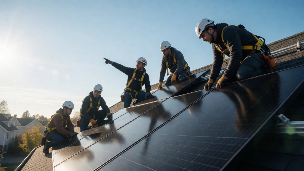 Technicians installing solar panels on a rooftop under bright sunlight.