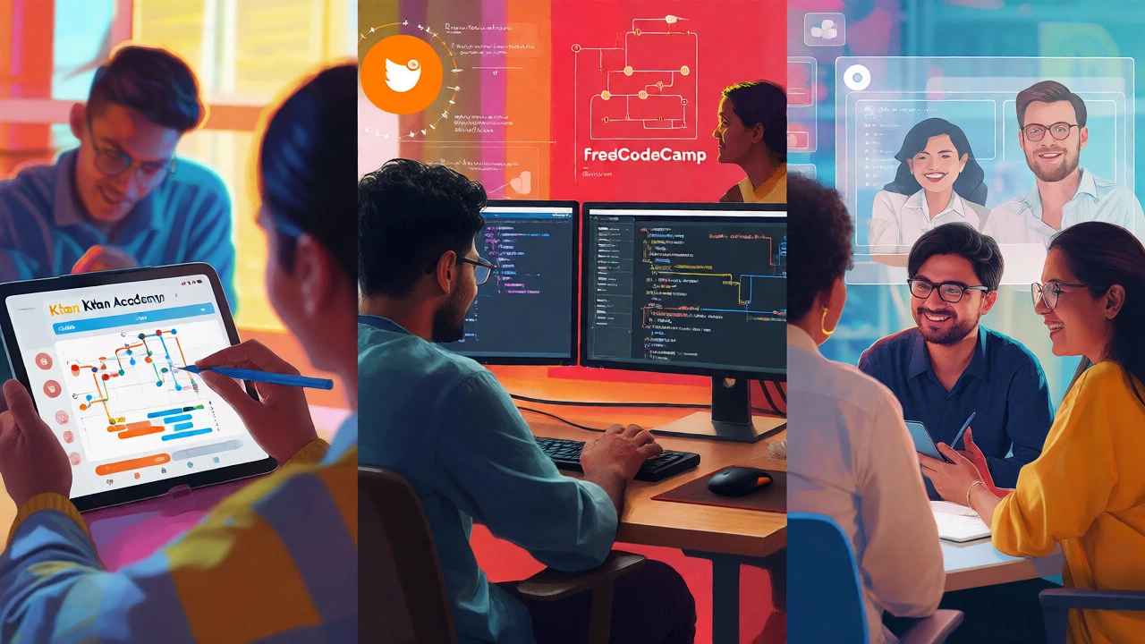 Collage of diverse students and coders using various online learning platforms actively.