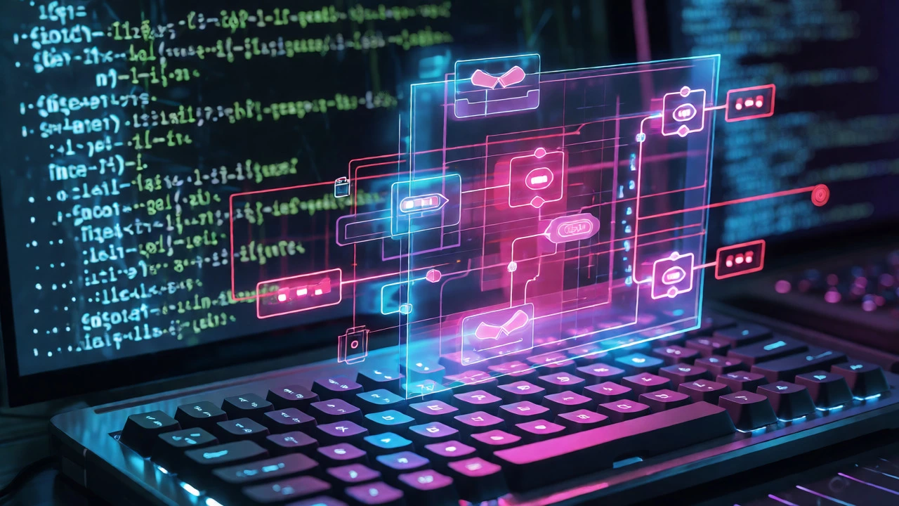 Holographic flowchart floating above a keyboard with scrolling code in the background.