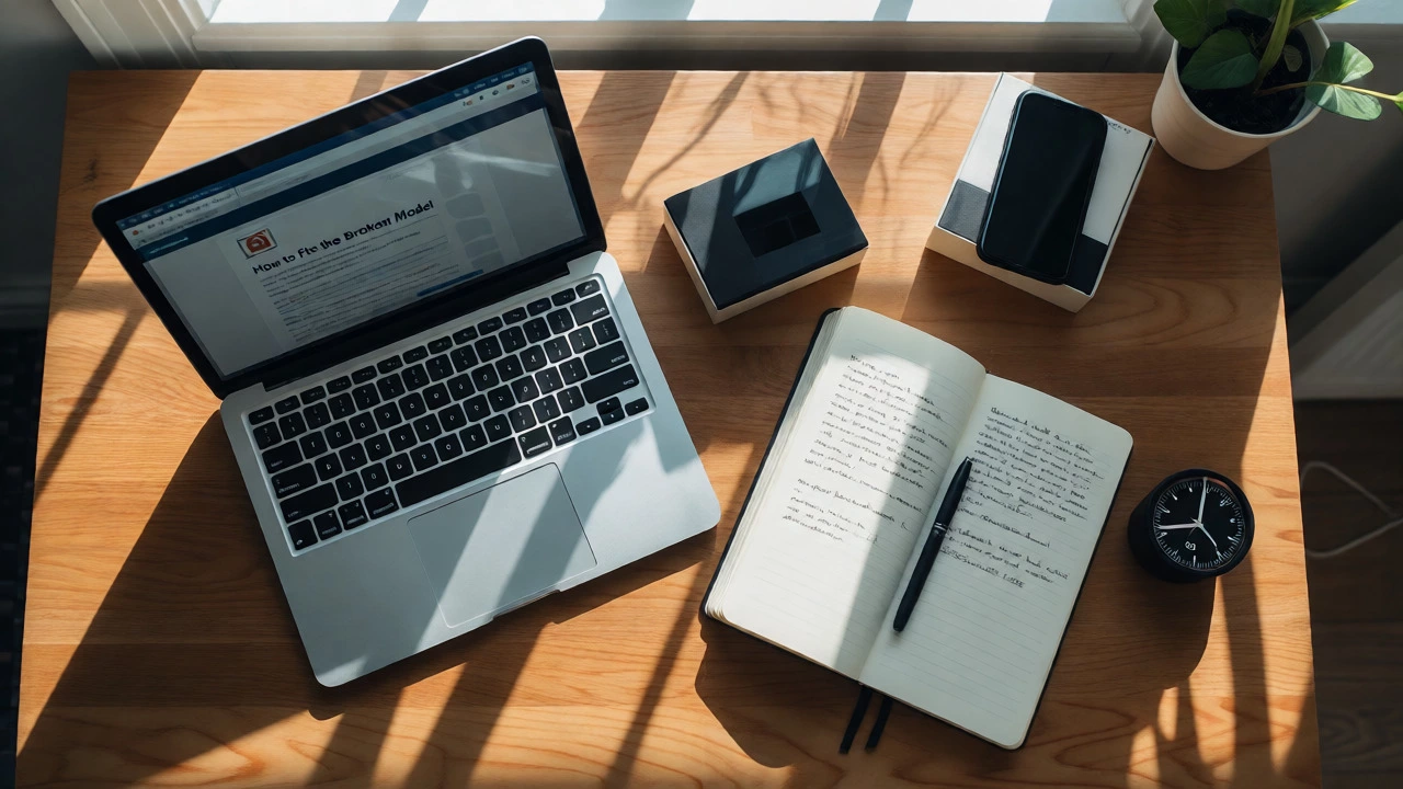 Organized study desk with laptop, notes, timer, and phone boxed away