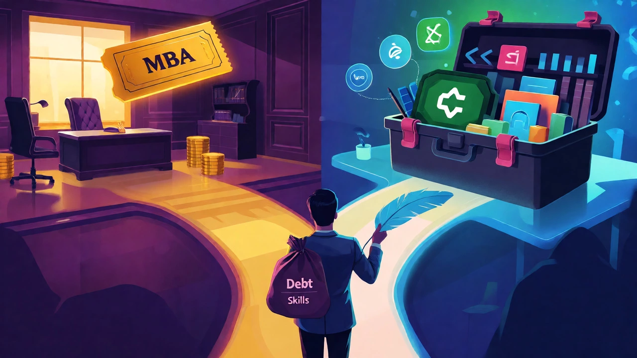Surreal concept art of choosing between MBA debt and practical skill tools
