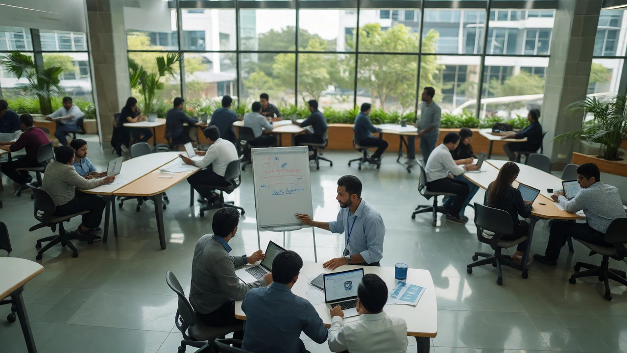 Team collaborating in an open-plan tech park emphasizing applied skills
